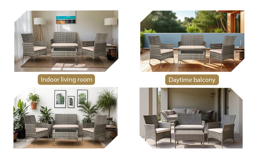 4 Piece Wicker Outdoor Furniture Set, Patio Conversation Set, Woven PE Rattan and Steel with Beige Removable Cushions for Patio, Deck, Lawn and Poolside (Hemp Gray and Beige)