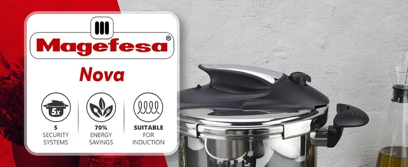 Magefesa Nova 4.2 Qt Stovetop Pressure Cooker – Fast Cooking, Easy Locking, 18/10 Stainless Steel, Induction Compatible, 5 Safety Features, 11.6 PSI
