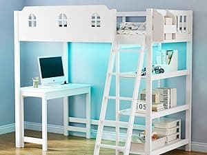 JOYMOR Low Loft Bed with Led Light, Loft Bed Twin Size with Castle Guardrail and Window, Staircase and Book Rack, Smart APP Control,No Box Spring Needed (White with Staircase)