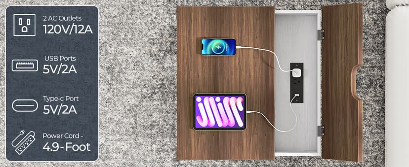 HOOBRO Farmhouse End Table with Charging Station, 23.6" Large End Tables for Living Room, Sofa Side Table with Barn Door, Wooden Square Nightstand Bedside Table, Flip Top, White and Walnut WH601UBZ01