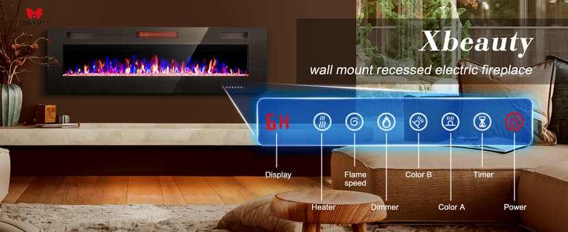 60" Electric Fireplace in-Wall Recessed and Wall Mounted 1500W Fireplace Heater and Linear Fireplace with Timer/Multicolor Flames/Touch Screen/Remote Control