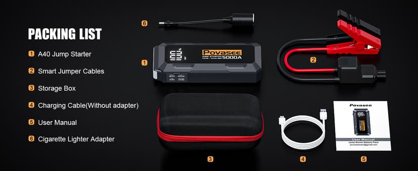 5000A Jump Starter Povasee Car Battery Jump Starter, 12V Jump Box for car up to All Gas or 10L Diesel Engine Battery Jumper Starter Portable with 3" LCD Display Power Bank/Dual Output/LED Light