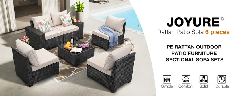 6 Pieces Patio Furniture Set All-Weather Outdoor Wicker Sectional Conversation Sofa Rattan Patio Seating Sofa with Cushion and Glass Table for Porch Poolside,Beige