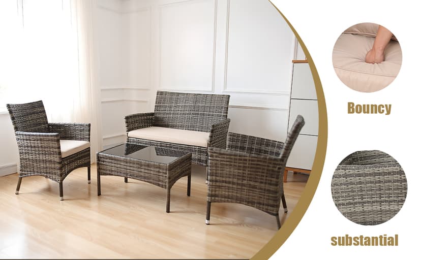 4 Piece Wicker Outdoor Furniture Set, Patio Conversation Set, Woven PE Rattan and Steel with Beige Removable Cushions for Patio, Deck, Lawn and Poolside (Hemp Gray and Beige)