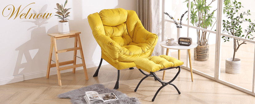 Welnow Lazy Chair with Ottoman, Modern Lounge Accent Chair with Armrests and a Side Pocket, Leisure Sofa Armchair, Reading Armchair with Footrest for Small Space, Plush Grey