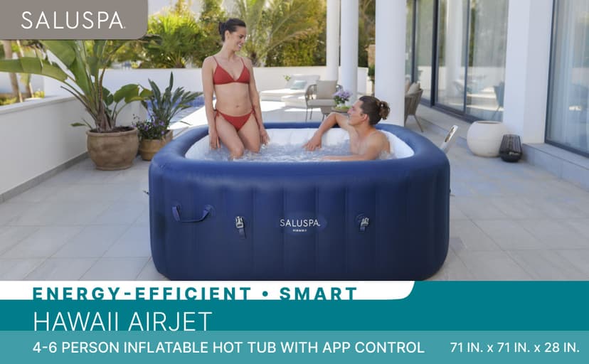 Bestway SaluSpa Hawaii Smart AirJet Inflatable Hot Tub Square Portable 4 to 6 Person Spa with 140 AirJets, App Control and EnergySense Cover, Blue