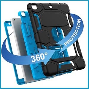 CCMAO iPad 9th Generation Case, iPad 8th/7th Generation Case, iPad 10.2 2021/2020/2019 Case with Kickstand, Heavy Duty Shockproof Hybrid Three Layer Protective Cover for Kids Boy Girl, Black+Sky Blue