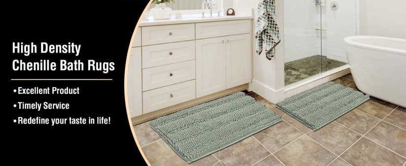 H.VERSAILTEX Sage Bathroom Rugs, Bath Mat Set of 2 Extra Thick Chenille Striped Pattern Shaggy Bath Rugs for Bath Room, Non Skid Bath Mats for Bathroom Floor (32 x 20 Plus 24 x 17 - Inches)