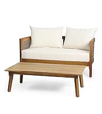 Merax 5-Piece Outdoor Acacia Wood Wicker Conversation Set with 3 Seater Sofa,Loveseat,2 Chairs and Coffetable for Backyard