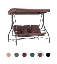 MCombo 3-Seat Outdoor Patio Swing Chair, 2-in-1 Convertible Porch Swing Glider Chair with Removable Cushions, Adjustable Canopy & Pillows for Backyard, Deck, Garden, 4068 (Brown)