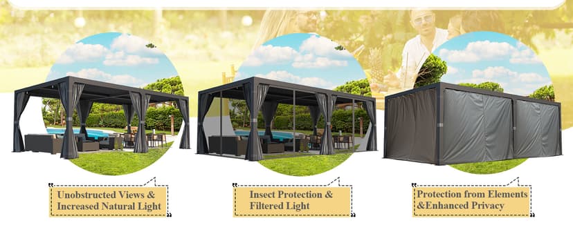 MELLCOM Louvered Pergola 12x24, Aluminum With Adjustable Roof, Outdoor With Waterproof Curtains and Nets, Dark Grey