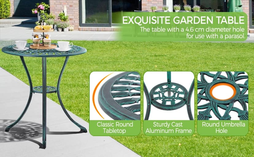 Yaheetech Patio Bistro Sets 3 Piece Cast Aluminum Bistro Table and Chairs Set, Cast Aluminum Bistro Table and Chairs Set of 2 with Umbrella Hole for Patio Backyard Balcony, Green