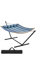 Yaheetech Hammock with Stand Set, Heavy-Duty Steel Hammock Stand for 2-3 People Outdoor, Porch, Patio, Deck and Backyard, Max Weight Capacity 475LB - Blue Stripe