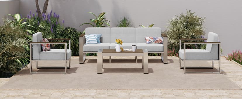 Outdoor Furniture Set, 4 Piece Aluminum Patio Furniture Set with Coffee Table, Wide Seat and Thick Cushions, Outdoor Patio Conversation Sets for Deck, Porch (LightGray)