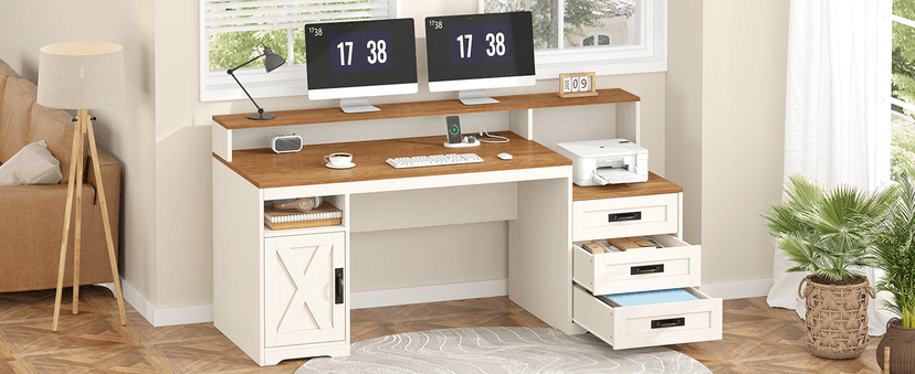 TVU Farmhouse Computer Desk with Drawers, 65'' Home Office Desk with Power Outlets, Storage Cabinet and Printer Stand, Study Writing Desks with Long Monitor Stand, White