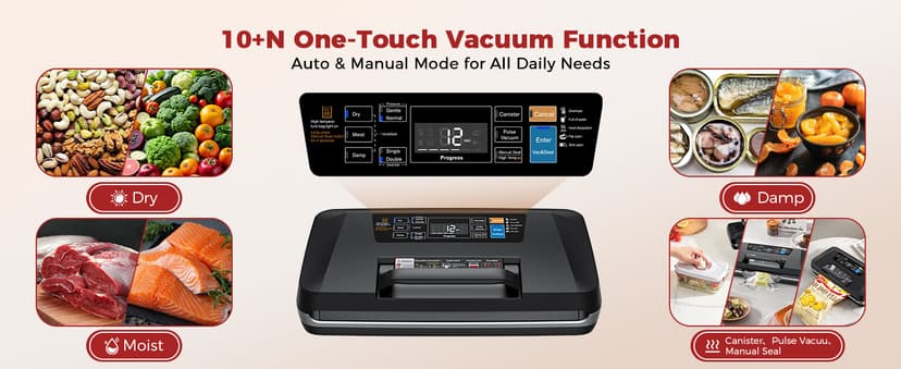 95kpa Vacuum Sealer Machine,Commercial Full Automatic Food Sealer,Powerful Sealing System with Double Heat Seal,Built-in Cutter&Bags Storage,1 Bag Rolls and 10 pcs Pre-cut Bags