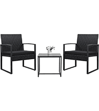 Devoko 3 Piece Rocking Bistro Set Wicker Patio Outdoor Furniture Porch Chairs Conversation Sets with Glass Coffee Table (Beige)