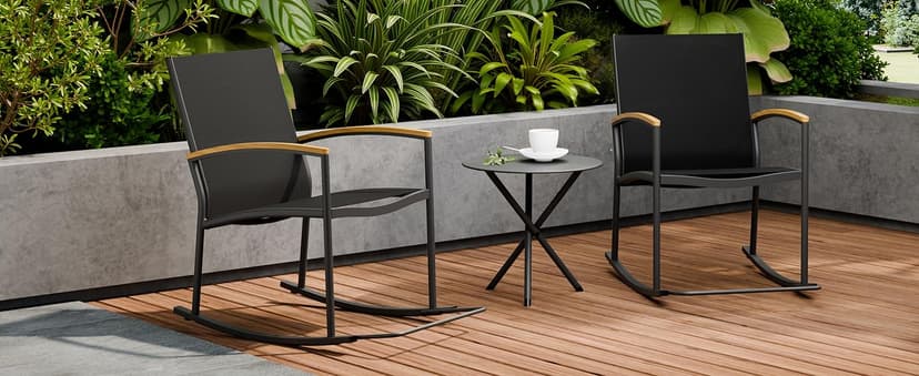 Shintenchi 3 Piece Outdoor Rocking Bistro Set, Textilene Fabric Small Patio Furniture Set, Front Porch Rocker Chairs Conversation Set with Table for Lawn, Garden, Balcony, Poolside (Black)