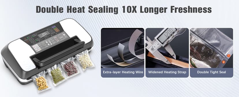 230 Watts Vacuum Sealer for Food, Commercial Vacuum Sealer Machine with Double Heat Seal, Easy Lock Handle, 12 Functions, Bags Storage,Build-in Cutter, 1 Roll and 10 Pre-cut Bags, Progress Display