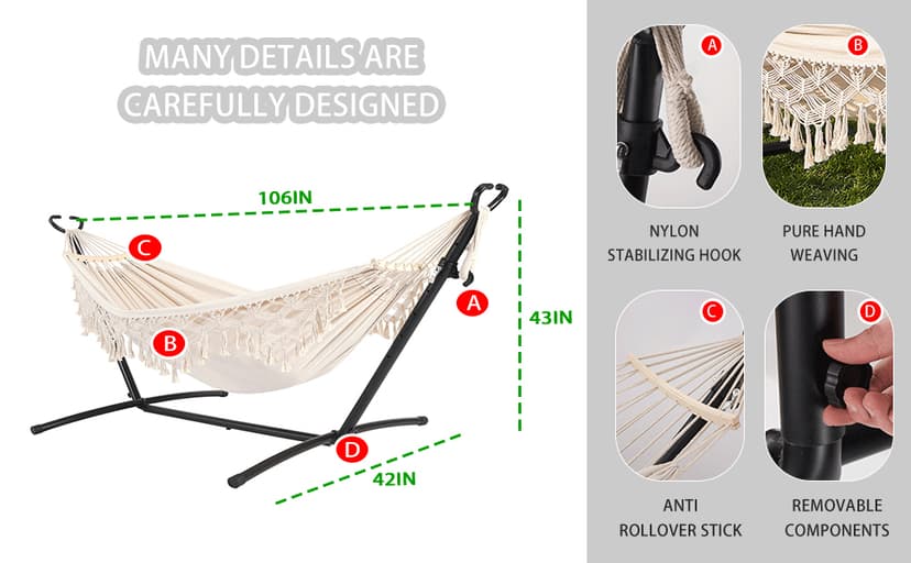 Double Hammock with Stand Upgraded Phone Holder Portable Heavy Duty Stainless Steel Indoor Outdoor Patio Yard Beach with Carrying Case (2022 Beige)