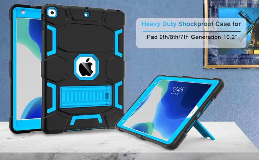 CCMAO iPad 9th Generation Case, iPad 8th/7th Generation Case, iPad 10.2 2021/2020/2019 Case with Kickstand, Heavy Duty Shockproof Hybrid Three Layer Protective Cover for Kids Boy Girl, Black+Sky Blue