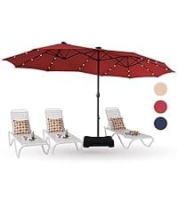 PHI VILLA 15ft Large Patio Umbrellas with Base Included, Outdoor Double-Sided Rectangle Market Umbrella with Stand, Outside Umbrellas for Poolside Lawn Backyard, Beige