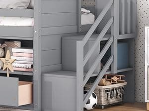 Bellemave Twin Size Low loft Bed for Kids,Wood Loft Beds,Modern Farmhouse Twin loft Bed,Loft Bed with Storage, No Box Spring Needed,for Kids,Gray