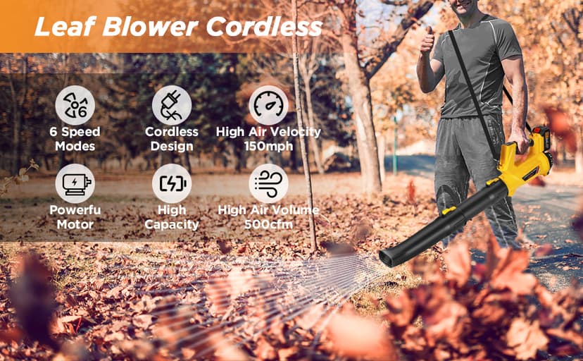 Leaf Blower Cordless, 21V 5.2Ah Battery & Charger, 6 Speed Modes, Digital Display, 500CFM/150MPH Electric Cordless Leaf Blower for Lawn Care, Leaf Blowing, Dust & Snow Removal