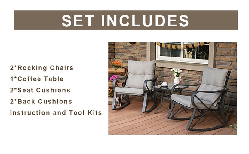 COSIEST 3 Piece Bistro Set Patio Rocking Chairs Outdoor Furniture w Warm Gray Cushions, Glass-Top Table for Garden, Pool, Backyard