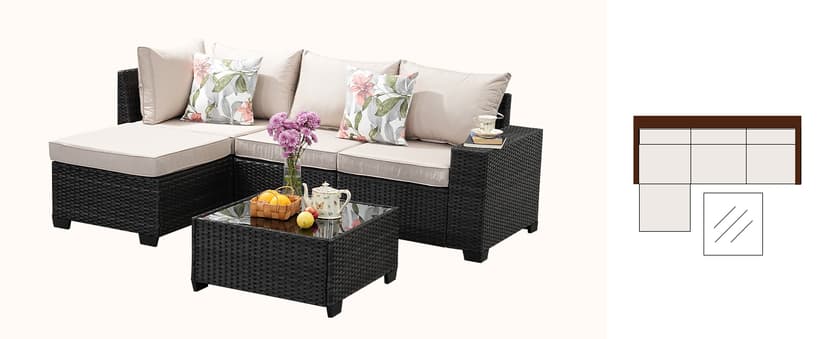 5 Pieces Patio Furniture Set All-Weather Outdoor Wicker Sectional Conversation Sofa Rattan Patio Seating Sofa with Cushion and Glass Table and Ottoman for Porch,Beige