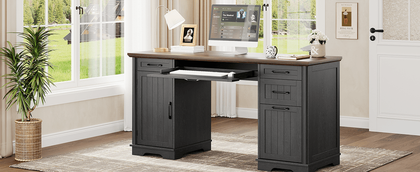 56" Large Modern Executive Desk, Farmhouse Computer Desk with File Drawers, Wood Home Office Desks with Charging Station, Adjustable Shelf, Storage Cabinet, for Writing Work Study (Black)