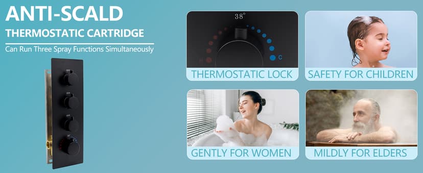 HOMEDEC 12inch Rain Shower System with Full Body Jets Sprays, Ceiling LED Brass Shower Faucet Set with 3 Functions Thermostatic Valve, Can Use All Function At Once