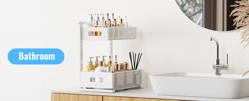 Pull-out Under Kitchen Sink Organizer, Metal Functional Under Sink Organizer, Height Adjustable Under Bathroom Sink Organizer, Under Sink Storage for Kitchen Bathroom Cabinet (White)