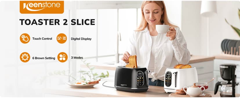 Keenstone Smart Touch Screen Toaster 2 Slice, Retro Wide Slot Stainless Steel Toaster with 6 Browning Levels, Reheat & Defrost, for Bagel, Toast, Bread, Removable Crumb Tray, Black