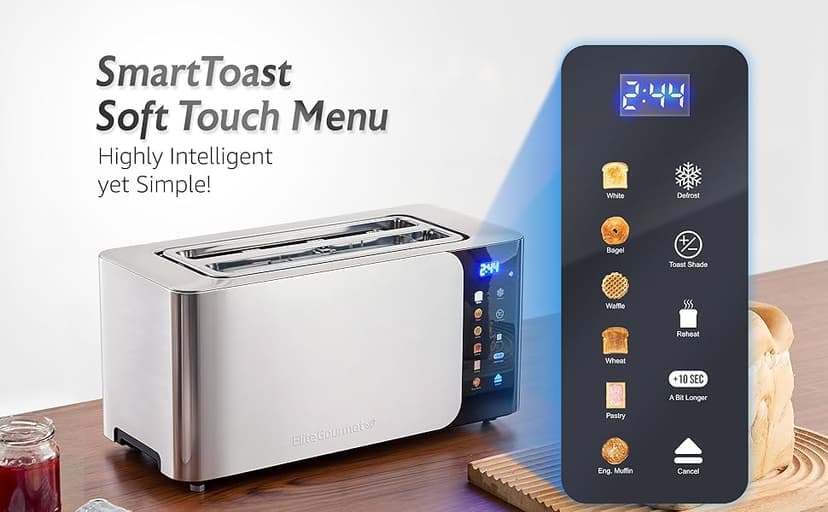 Elite Gourmet ECT5924D SmartToast Digital Long Slot 4 Slice Toaster, 1.5” Wide Slots for Thick Breads & Bagel Function, LED Touch Screen, Countdown Timer, 6 Shades, Stainless Steel