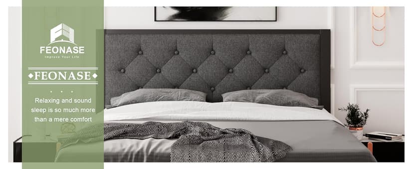 Feonase Full Size Metal Bed Frame, Heavy-Duty Platform Bed Frame with Linen Upholstered Headboard, 12" Storage Space, Steel Slats Support, No Box Spring Needed, Gray