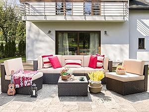 Vongrasig 5 Piece Patio Furniture Sets, All-Weather Brown PE Wicker Outdoor Couch Sectional Set, Small Conversation Set for Garden/Patio w/Ottoman, Glass Table, Red Pillow, Beige