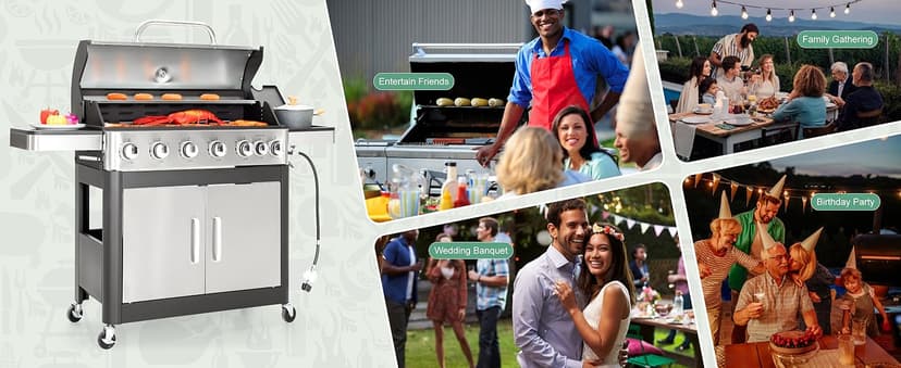 Captiva Designs 6-Burner Propane Gas BBQ Grill with Side Burner & Porcelain-Enameled Cast Iron Grate for Outdoor Kitchen & Backyard Barbecue, 65,800 BTU Output,665 SQ.IN. Cooking Area,Stainless Steel