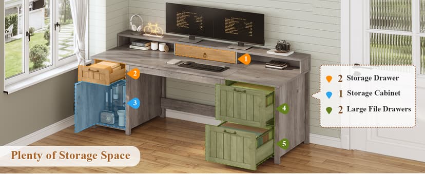 SEDETA Farmhouse 63" Executive Desk, Wood Computer Desk with Drawers and Storage Cabinet, Home Office Desk with File Drawer and Monitor Stand, Wood Desk for Work Study Writing, Grey