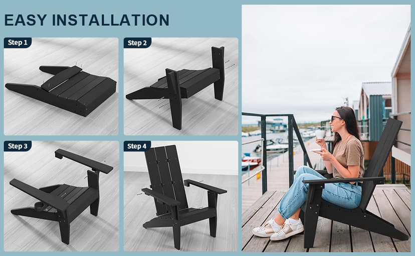 MXIMU Modern Adirondack Chairs Set of 4 Weather Resistant with Cup Holder Oversize Plastic Fire Pit Chairs Plastic Outdoor Chairs for Firepit Area Seating (Black)