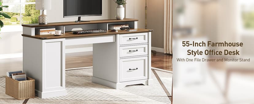 55'' Farmhouse Executive Desk with Drawers, Computer Desk with File Cabinet and Side Bookshelf, Writing Gaming Desk with Monitor Stand & Charging Station, White and Walnut