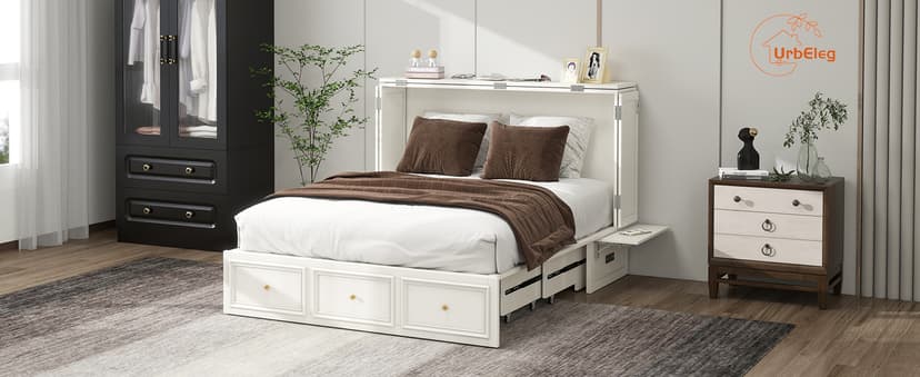 Murphy Bed Cabinet Full with Tri-Folding Mattress, Solid Wood Murphy Bed with 2 USB & 2 Charging Ports, Large Storage Drawer for Home Office or Small Space, Ebony Wood Color