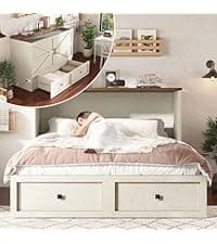 AMERLIFE Queen Murphy Bed with Storage & Charging Station, Farmhouse Murphy Cabinet with Foldable Panel, Noisy Free, for Guest Bedroom, Living Room, Office, Distressed White & Barnwood