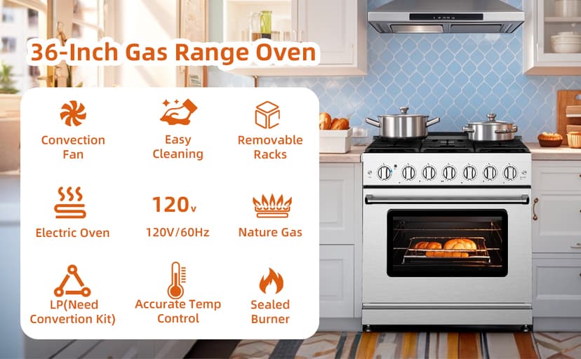 36 Inch Freestanding Dual Fuel Range Oven Stove, 6.0 Cu. Ft True Convection and Self Clean, Cooktop 6 Sealed Gas Burners, Stainless Steel