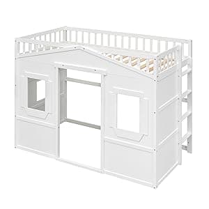 Merax Twin Size Wood Loft Bed, House Bed Frame with Ladder and Safety Guardrails for Kids, No Box Spring Needed, White