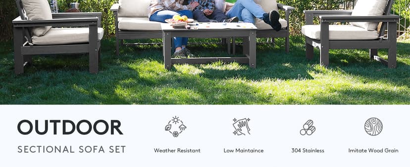 SERWALL HDPE Patio Furniture Set, 7-Piece Outdoor Sectional Sofa Set, All Weather Outdoor Couch Set for Deck, Lawn, Grey Frame with Khaki Cushion