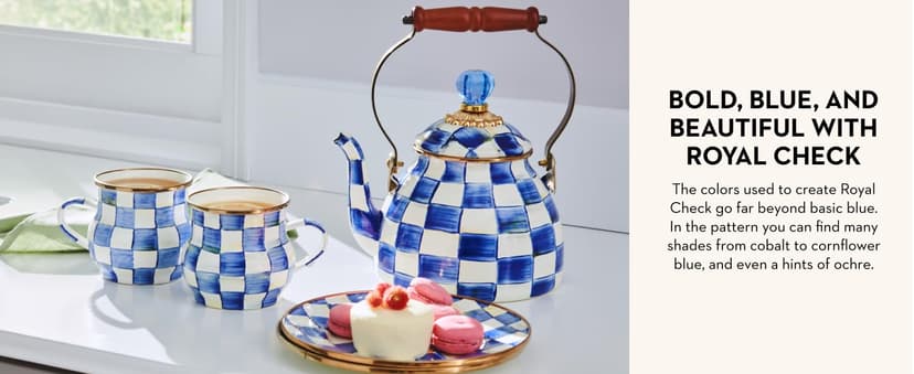 MACKENZIE-CHILDS Enamel Whistling Tea Kettle, Decorative Teapot for Stovetop, Brown-and-White Mocha Check