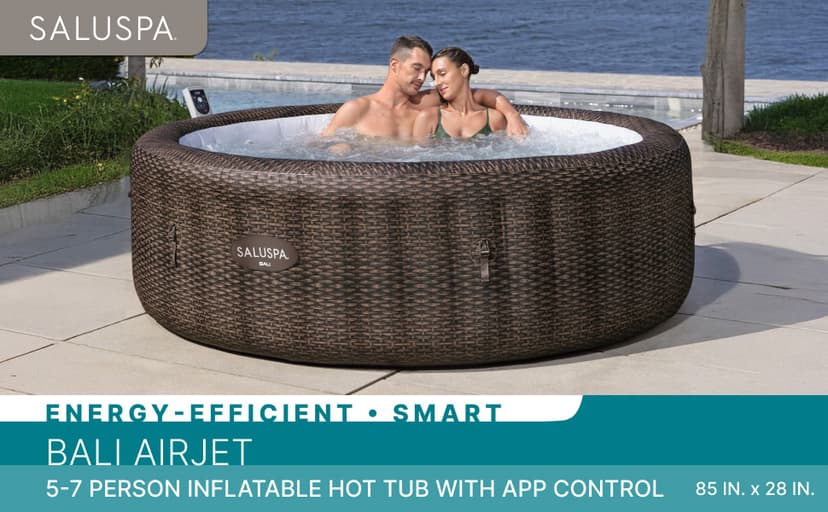 Bestway SaluSpa Bali Smart AirJet Inflatable Hot Tub Round Portable 5-7 Person Spa with 180 AirJets, App Control and EnergySense Cover, Brown Rattan