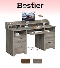 Bestier 59” Computer Desk with 4 Drawers, Office Desk with Storage, Industrial Executive Desk with File Drawer, Keyboard Tray & 2 Pedestals on Both Sides for Home Office & Studio, Grey