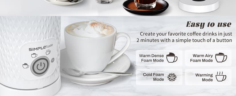 SIMPLETASTE Milk Frother, 4-in-1 Electric Milk Steamer, Automatic Warm and Cold Foam Maker and Milk Warmer for Latte, Cappuccinos, Macchiato